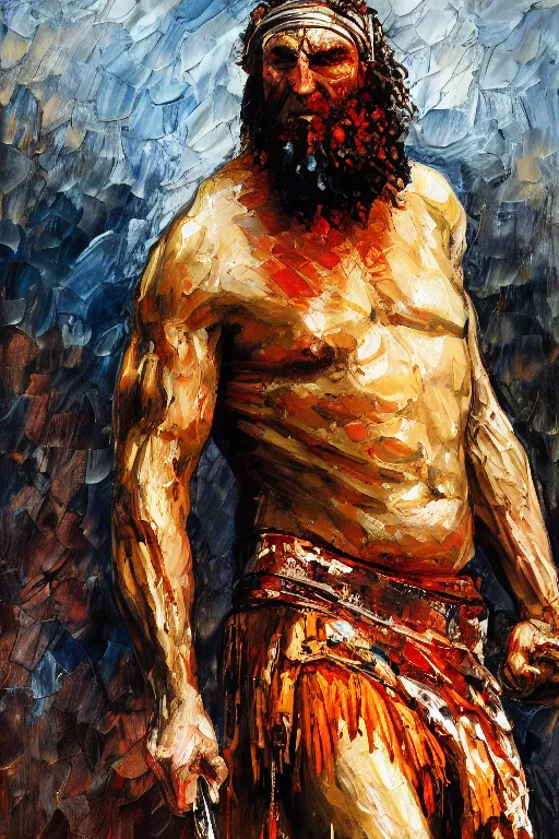 Image similar to highly detailed palette knife oil painting of a historically accurate depiction of the ancient biblical philistine giant warrior Goliath of Gath, fierce, menacing, by Peter Lindbergh, impressionistic brush strokes, painterly brushwork