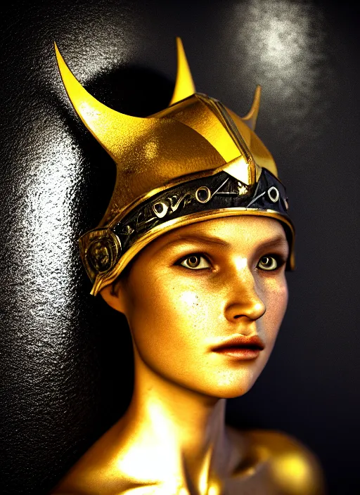 Prompt: Viking Princess, deep black background, octane render, vray, shimmering, glossy, Fvckrender, geomerty, prism highlights, C4D, ray tracing reflections, prism shadows, diffraction, macro, flickr, 500px, photography, atmosphere, depth of field, grading, lumen reflections, golden ratio, hyper realistic, incandescent, rule of thirds