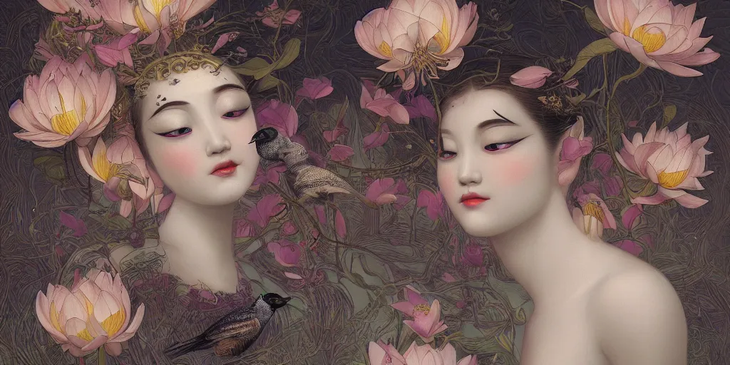 Image similar to breathtaking detailed concept art painting art deco pattern of blonde faces goddesses amalmation lotus flowers with anxious piercing eyes and blend of flowers and birds, by hsiao - ron cheng and john james audubon, bizarre compositions, exquisite detail, extremely moody lighting, 8 k