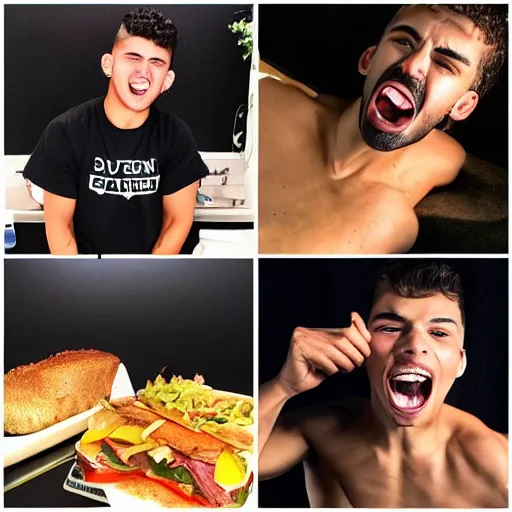 Prompt: square jawed 20 year old with tan skin and broad shoulders, short curly hair with shaved sides, a very bad case of underbite is excited to eat a kings feast in front of him