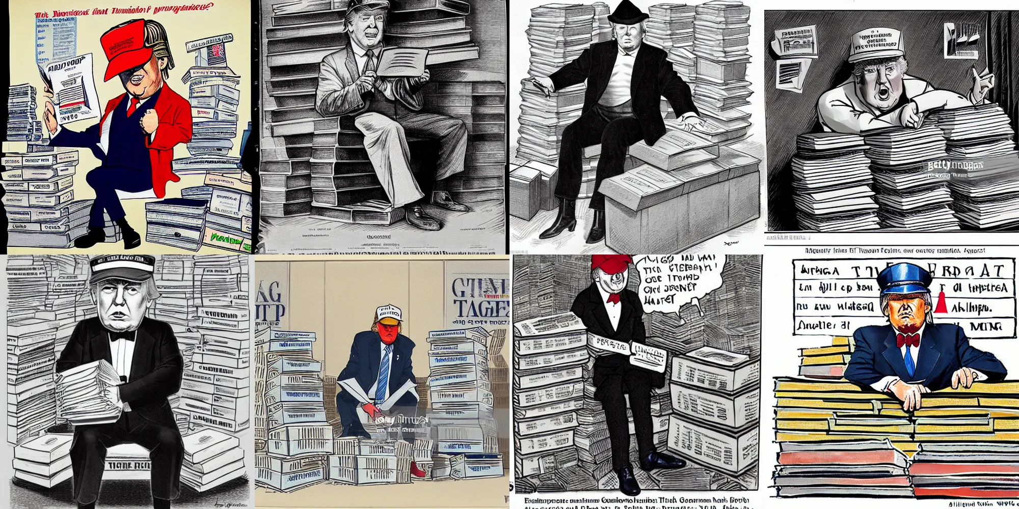 Prompt: trump in a maga hat, sitting on a pile of document boxes of top secret!!! material, hand drawn political cartoon in us newspaper william hone and george cruickshank