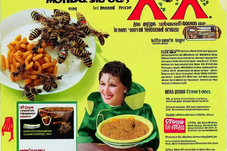 Image similar to mcdonald's fried bees with green spice meal, in 1 9 9 5, y 2 k cybercore, advertisement photo