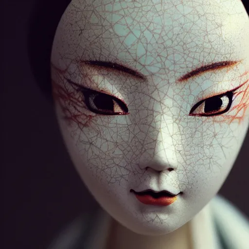 Image similar to portrait of a geisha porcelain doll kintsugi, fractal, intricate, elegant, highly detailed, digital photography, subsurface scattering, by jheronimus bosch and james jean and greg rutkowski,