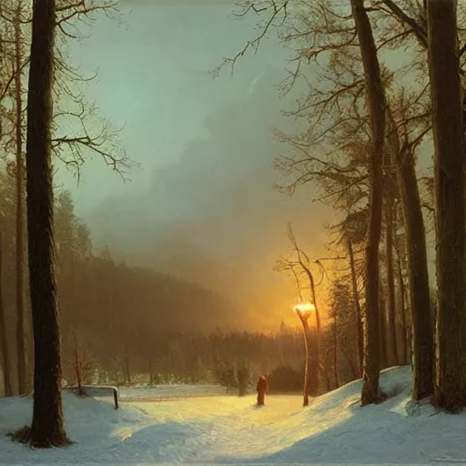 Image similar to The gateway into winter, cottagecore, by Simon Stålenhag and Albert Bierstadt, oil on canvas