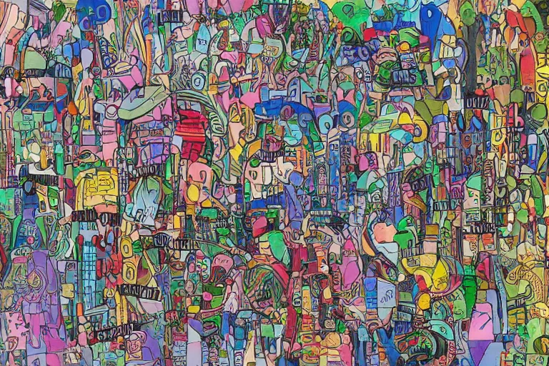 Image similar to an elaborate penned illustration of a colorful intricate connected city of tubes and pipes, by jan van haasteren