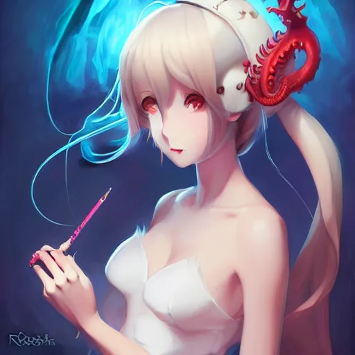 Image similar to cthulhu humanisation as a cute anime girl, by rossdraws, wlop, boris vallejo, gil elvgren, enoch bolles, sleek curves, pixiv award winning, epic light