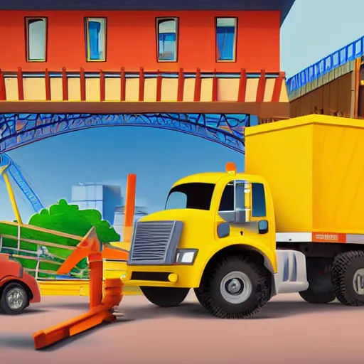 Prompt: a construction truck from pixar cars movie in a construction site, in the style of goodnight goodnight construction site children's book illustration, clean digital illustration, ornate, vibrant colors, happy environment, happy feeling