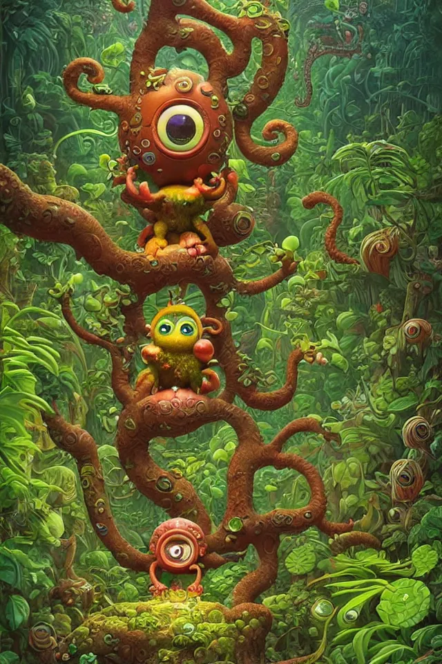 Prompt: an intricate cute monster, taking a walk, lush jungle, by kokaris, naoto hattori, moebius and android jones