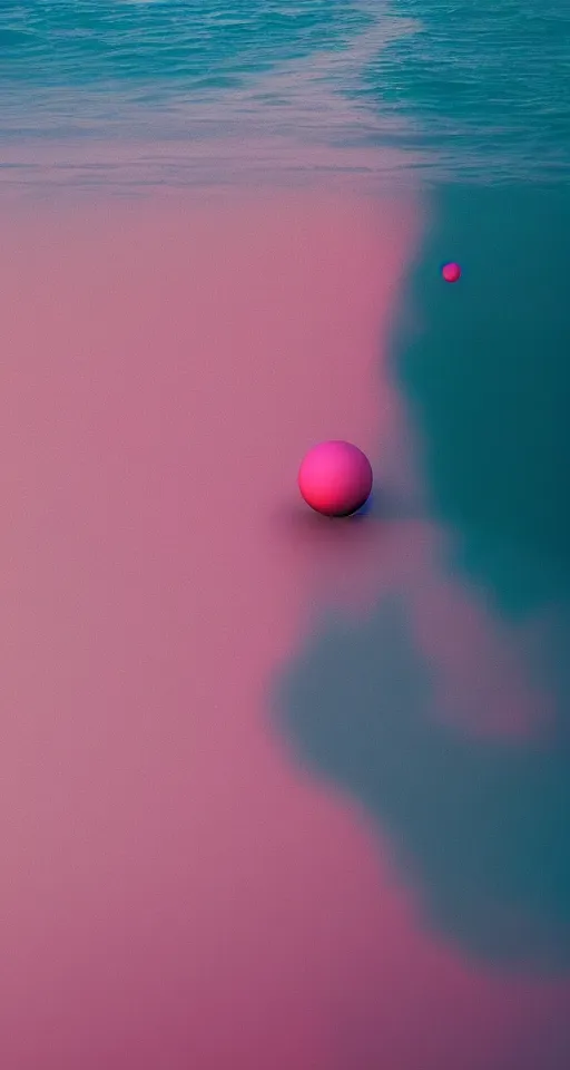 Prompt: shot of a ball made of dripping tropical water floating over the horizon of a beautiful pink ocean, alien planet, gorgeous beach horizon, rule of thirds, trending on artstation, iphone wallpaper, clean digital art