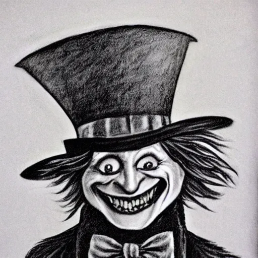 Image similar to horrifying charcoal drawing of the mad-hatter-willie-wonka-babadook