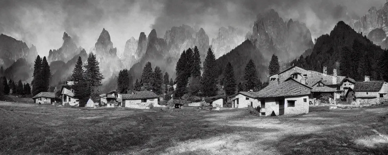 Image similar to 1920s black and white photography of an isolated old village with ghostly wood buildings in the dolomites, big tyrolean solstice fire