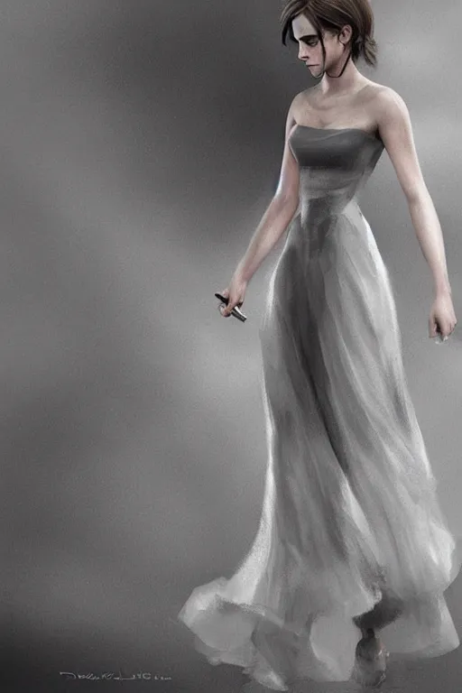 Image similar to emma watson dress decalte, hyper realistic, artstation