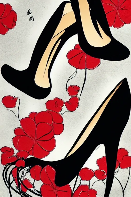 Image similar to black high heels with red bottoms, illustration, high fashion, wall art, elegant, japanese art style,