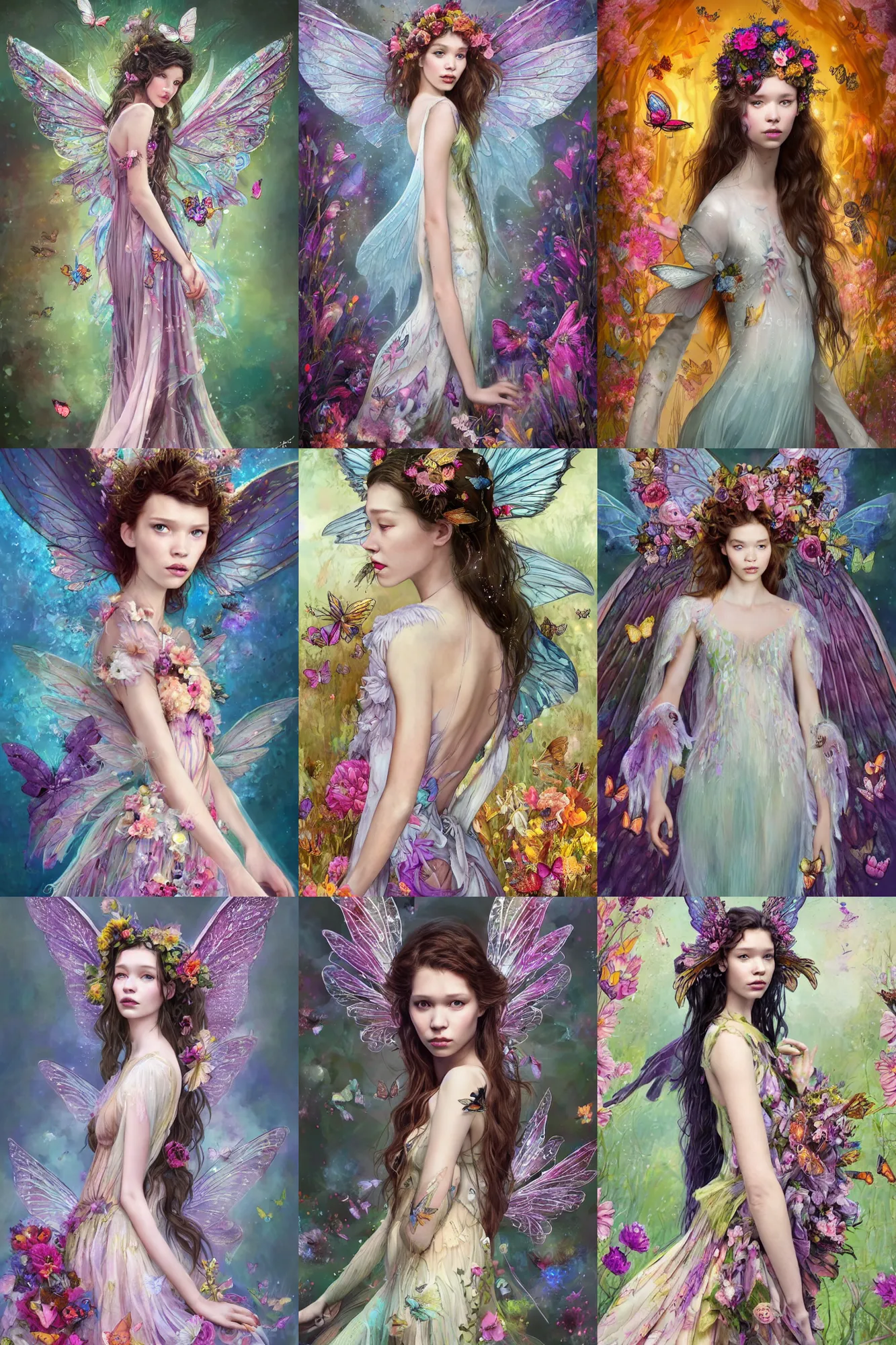 Prompt: astrid berges frisbey as a fairy. large wings grow from her back. she is facing the camera. frontal facing. digital illustration. wearing a dress made out of flowers and butterflies. trending on art station, low detail, dreamy, vivid colours. in the style of jedd chevrier. in the style of anne stokes. in the style of annie stegg.