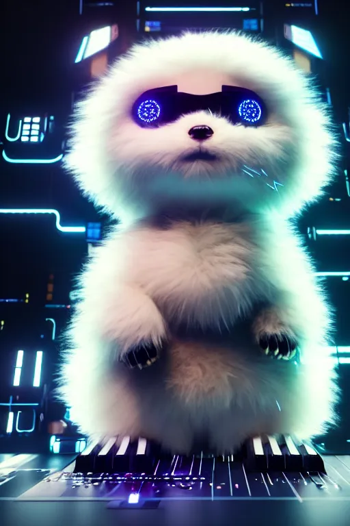 Prompt: high quality 3 d render very cute fluffy cyborg!! dog! plays synthesizer, cyberpunk highly detailed, unreal engine cinematic smooth, in the style of blade runner & detective pikachu, hannah yata charlie immer, moody light, low angle, uhd 8 k, sharp focus