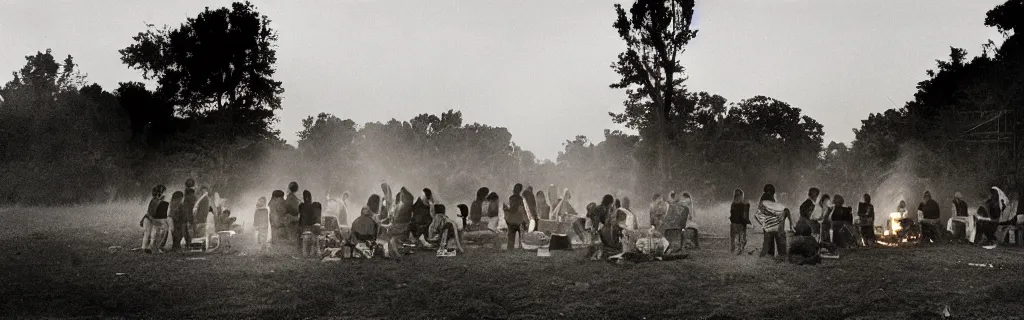 Prompt: group of humans huddled around a bonfire in a decaying building with the world outside overgrown and in ancient architecture ruins from a higher perspective with dramatic lighting photographed with an animorphic lens, rendered in a cinematic hazy dusk sunset golden hour atmosphere photographed by robert frank