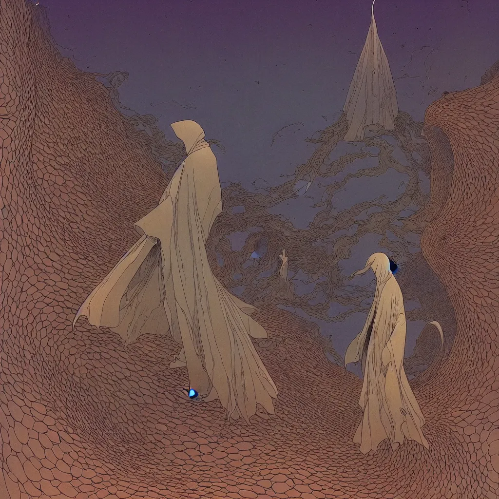 Prompt: centered illustration by jean giraud and moebius of a man wearing a cloak in the abyss, ambient with birds, desert, intrincate, detailed, awesome enviromet, fantasy, volumetric, fine art