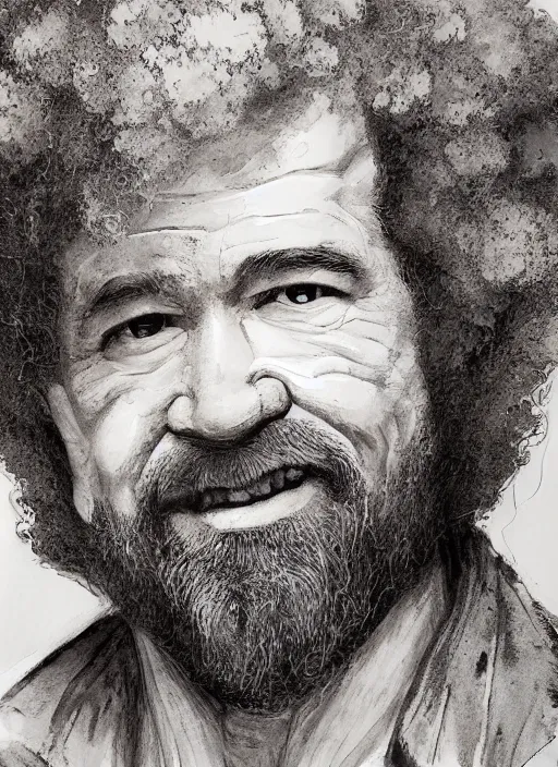 Prompt: portrait, BoB Ross, Using Stable Diffusion to paint, watercolor, dramatic lighting, cinematic, establishing shot, extremly high detail, foto realistic, cinematic lighting, pen and ink, intricate line drawings, by Yoshitaka Amano, Ruan Jia, Kentaro Miura, Artgerm, post processed, concept art, artstation, matte painting, style by eddie mendoza, raphael lacoste, alex ross