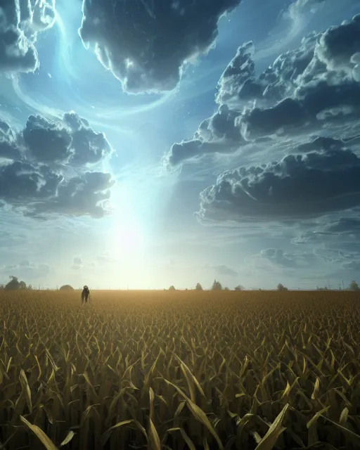 Image similar to cornfield growing on space station, hyper realism, cinematic, volumetric lighting, epic composition, high detail, octane render, unreal engine, 8 k, concept art, 3 d render, digital art, deviantart artstation, ray tracing, apocalyptic, intricate complexity, extremely detailed, very sharp,