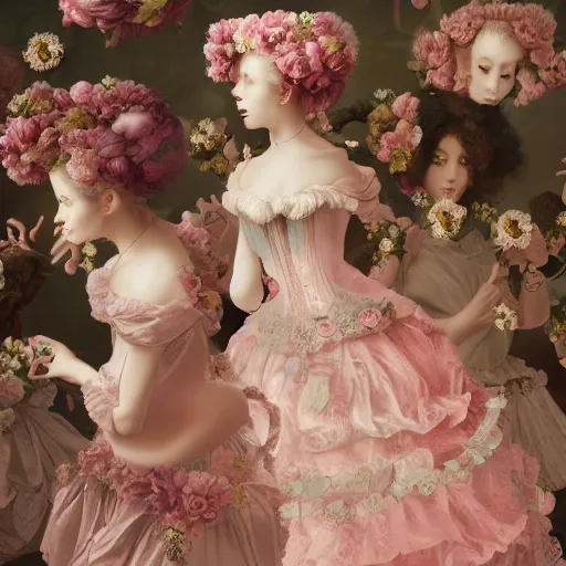 Image similar to 8k, octane render, realism, tonalism, renaissance, rococo, baroque, group of creepy young ladies wearing long tonal harajuku manga dress with flowers and skulls, background chaotic flowers