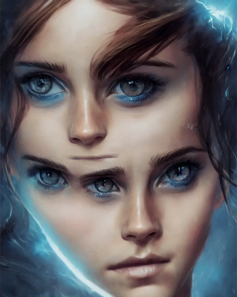 Image similar to emma watson with big eyes, beautiful eyes, blue eyes, green eyes, lovely eyes, red eyes, glowing eyes, by artgerm and greg rutkowski