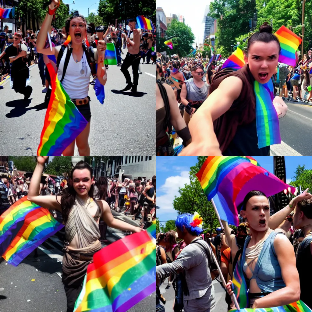 Prompt: rey from star wars celebrating at a gay pride parade action shot