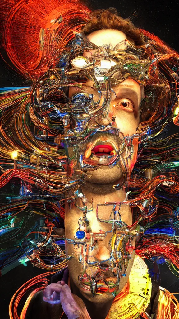 Prompt: the computer gods ascend, in the style of salvador dali, hyperrealistic, photorealistic, scifi illustration, 4 k, ultra hd, rendered in unreal engine 5, vibrant color, beautiful color, highly detailed, evil, award winning, computers, technology, futuristic, mystical, mechanical, circuits, wires, microprocessors