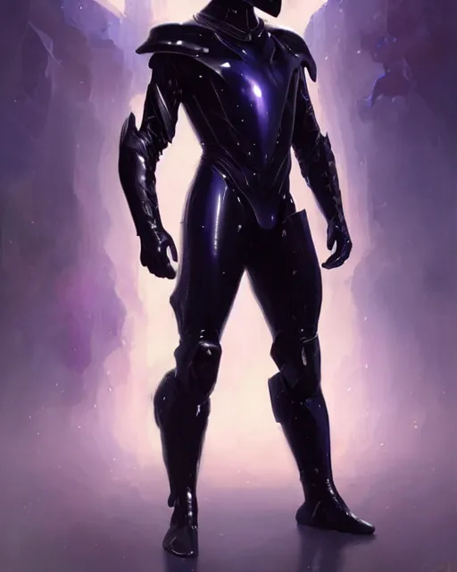 Image similar to character concept of iridescent sinewy smooth male muscular sleek glossy indigo black pearlescent scifi armor with smooth black featureless helmet, by greg rutkowski, mark brookes, jim burns, tom bagshaw, magali villeneuve, trending on artstation