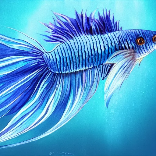 Prompt: blue betta fish swimming through water with long flowing fins, art, fantasy, elegant, highly detailed, digital painting, trending on artstation, concept art, smooth, sharp focus, hyperrealistic, illustration