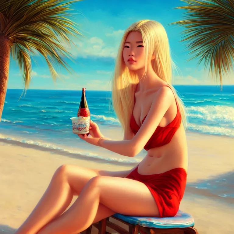 Image similar to masterpiece portrait of a beautiful blond asian girl on chair hold coke in mediterranean beach, palm tree, majoy dreamlike sky,, cinematic lighting, highly detailed, digital painting, trending on artstation, pixiv,, close up shot, laura sava illustration, art by ross tran and wlop, ilya kuvshinov, jeremiah ketner