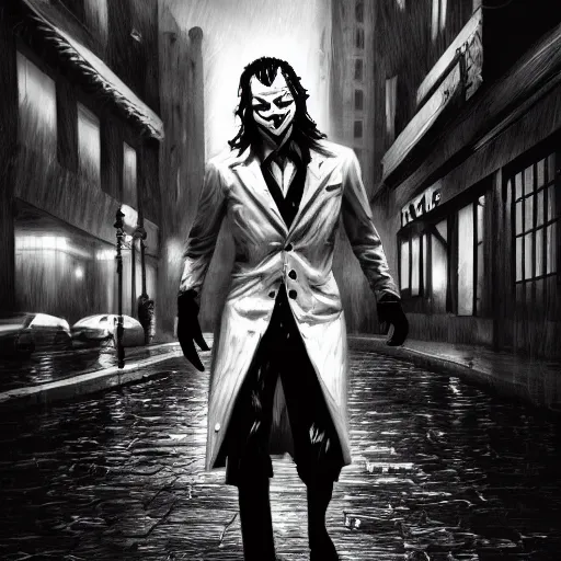 Image similar to black in white joker walking in the rain, night life buildings, sad mood, low angle, realistic, intricate, detailed, digital art, 4 k, 8 k, wallpaper, artstation trending