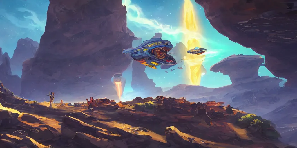 Image similar to marketing game illustration, a space craft run into the rocks canyon very fast in the style of Blizzard and Riot Games