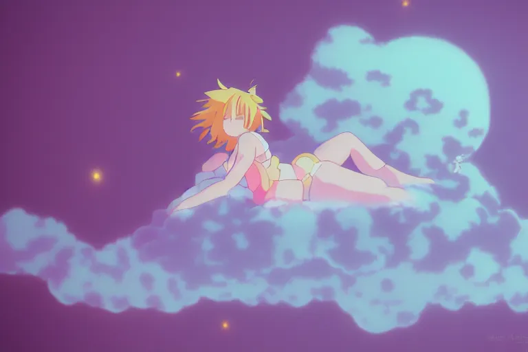 Image similar to a cute anime girl sleeping on a cloud, misty, glows, by studio ghibli, anime, hazy, foggy, ambient lighting, 8 k, neon, synthwave,