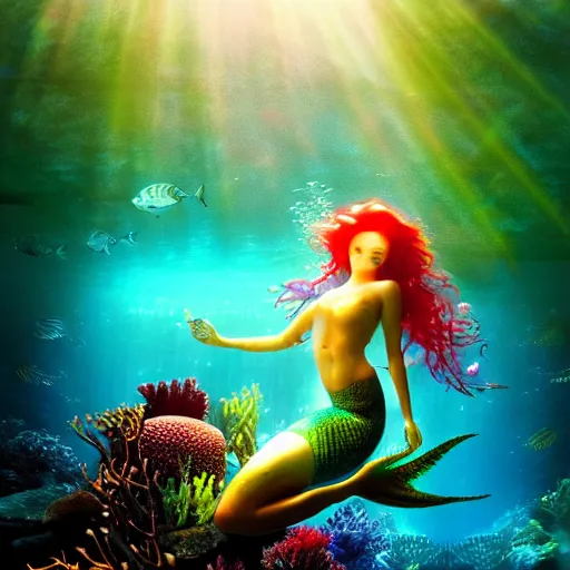 Prompt: a colorful cyborg mermaid, underwater, lush vegetation and coral, fish swimming around, god rays, dreamy, atmospheric, by Yoshitaka Amano