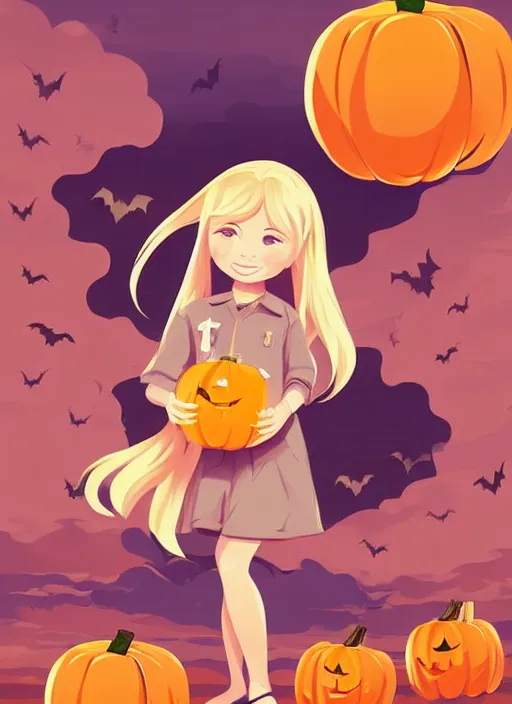 Image similar to little girl with long blonde hair holding a pumpkin. bats in the background. clean cel shaded vector art. shutterstock. behance hd by lois van baarle, artgerm, helen huang, by makoto shinkai and ilya kuvshinov, rossdraws, illustration, art by ilya kuvshinov