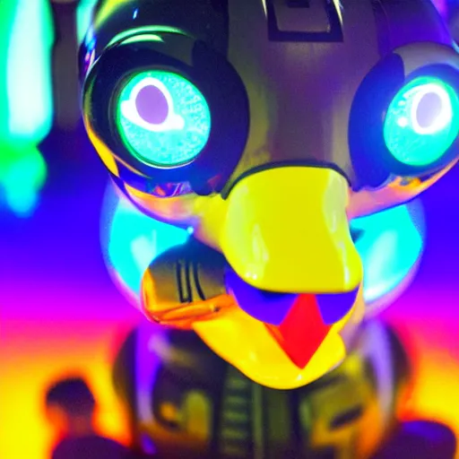 Image similar to a cybertronic duck, metallic, glowing eyes, neon