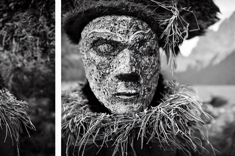 Image similar to portrait of a tyrolean folklore mask, in the alpine forest, dark, eerie , wearing hay coat, with horns, eerie, flowers growing out of his body, dolomites in the background, detailed intricate insanely detailed octane render, 8k, artistic 1920s photography, vintage photo, black and white, photorealistic, chiaroscuro, by David Cronenberg, Raphael, Caravaggio