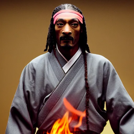 Image similar to cinematic film still of Snoop Dogg starring as a Samurai holding fire, Japanese CGI, VFX, 2022, 40mm lens, shallow depth of field, film photography
