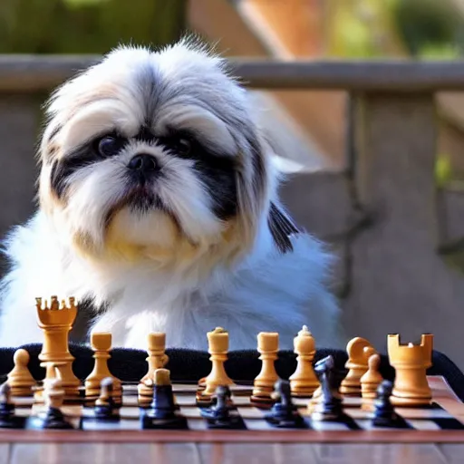 Prompt: cute shi tzu playing chess