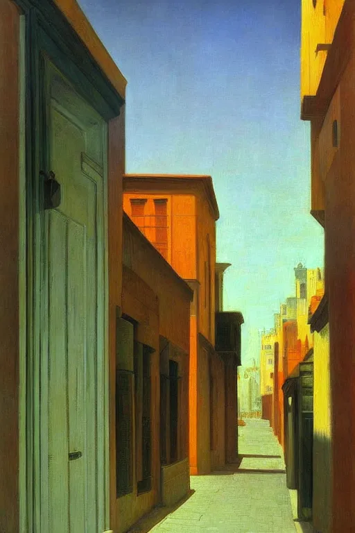 Image similar to eerie street in Israel, victor Nizovtsev, edward hopper, giorgio di chirico