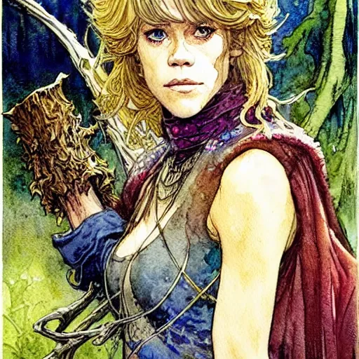 Image similar to a realistic and atmospheric watercolour fantasy character concept art portrait of a young jane fonda in her 2 0 s as a druidic warrior wizard looking at the camera with an intelligent gaze by rebecca guay, michael kaluta, charles vess and jean moebius giraud