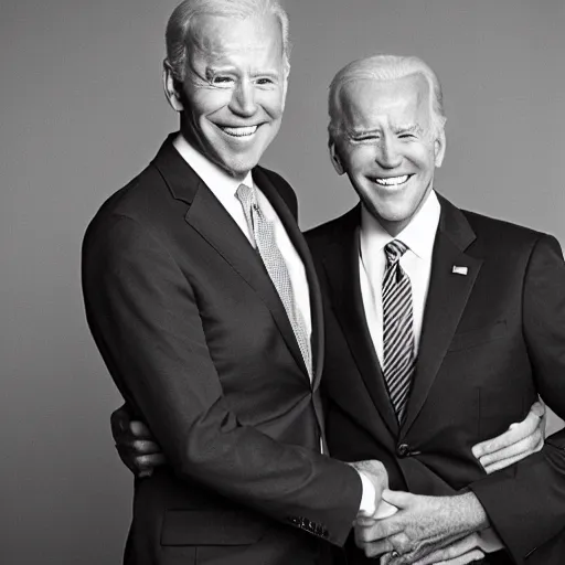 Image similar to A portrait photo of joe biden teams up with a teenage joe biden, perfect faces, 50 mm, award winning photography