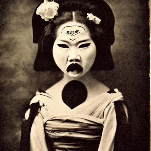 Image similar to terrifying evil dark angry geisha!!! daguerreotype portrait photograph. inspired by gerard grom and ansel adams. beautiful. highly detailed. old timey.