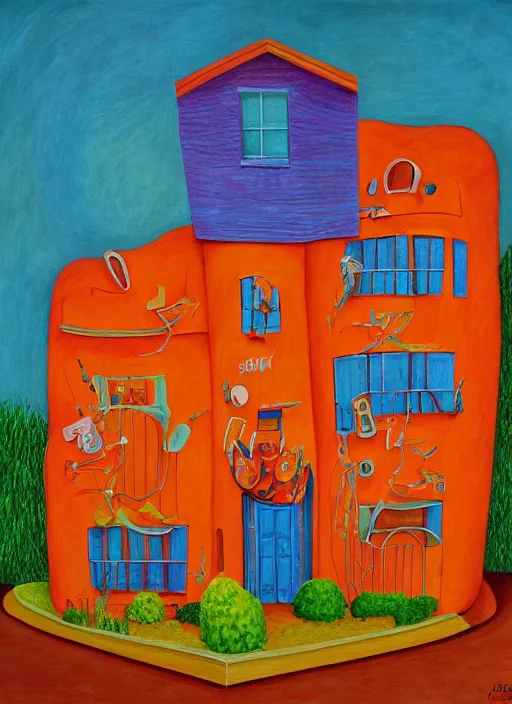 Prompt: cheeto house, extremely detailed, painting in the style of rene margitte, surrealist