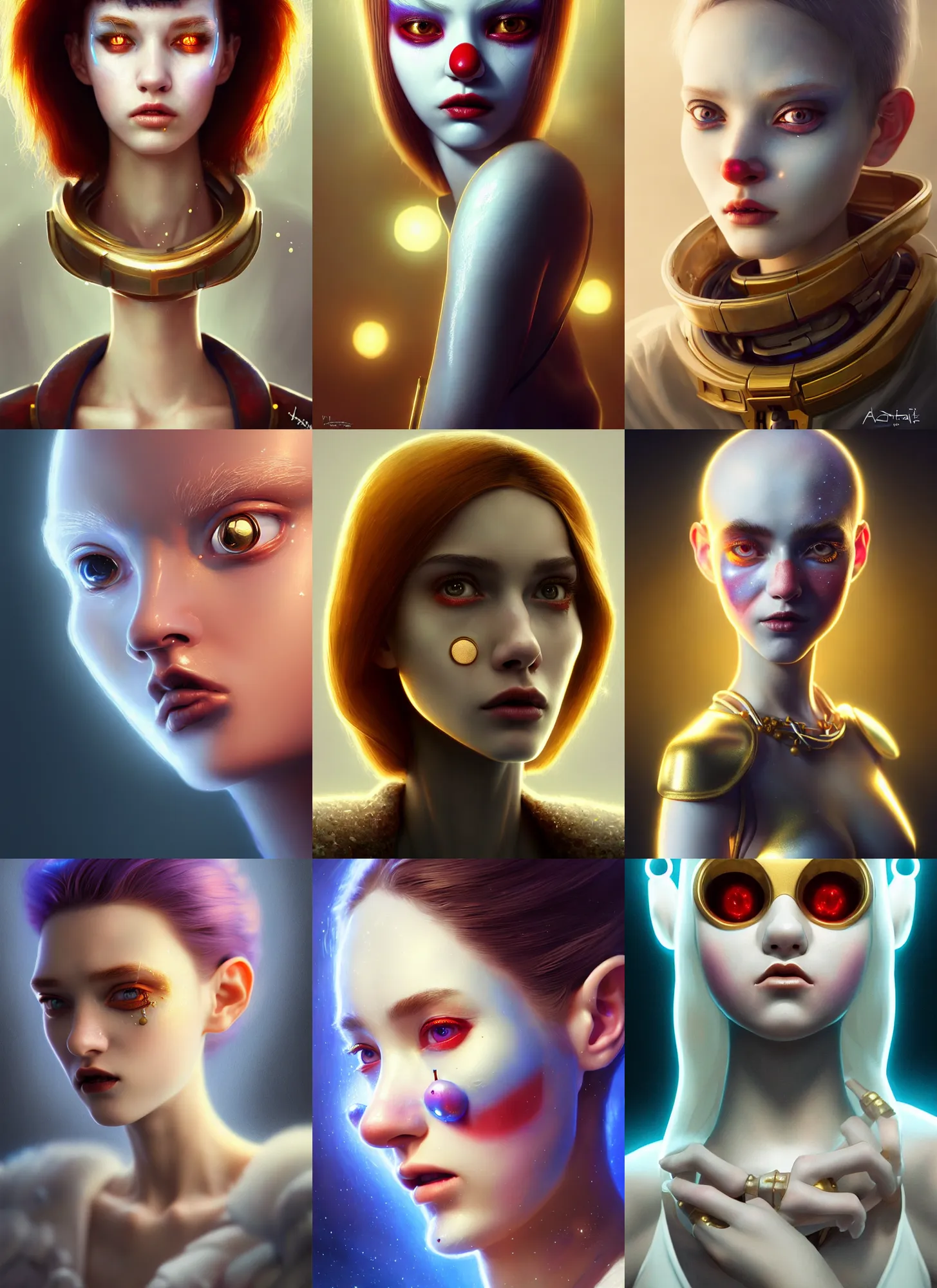 Prompt: pixar portrait 8 k photo, beautiful shiny white porcelain rich galactic oily clowncore russian cyborg college girl, jewelry, golden ratio, sci fi, fantasy, cyberpunk, intricate, decadent, highly detailed, digital painting, octane render, artstation, concept art, smooth, sharp focus, illustration, art by artgerm, loish, wlop