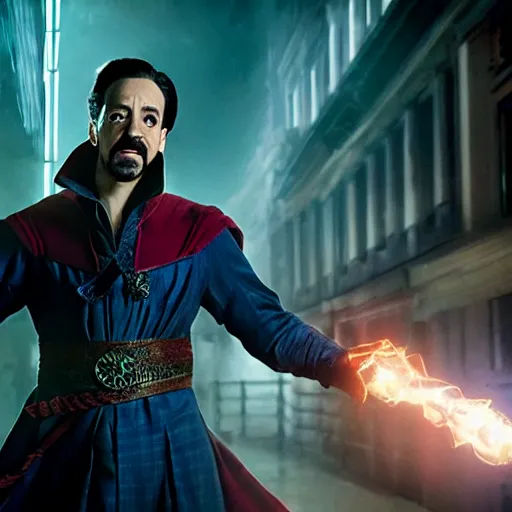 Image similar to A movie still of Lin-Manuel Miranda as Zombie Dr Strange, dynamic lighting, 8k, Heroic Pose, 2022 picture of the year