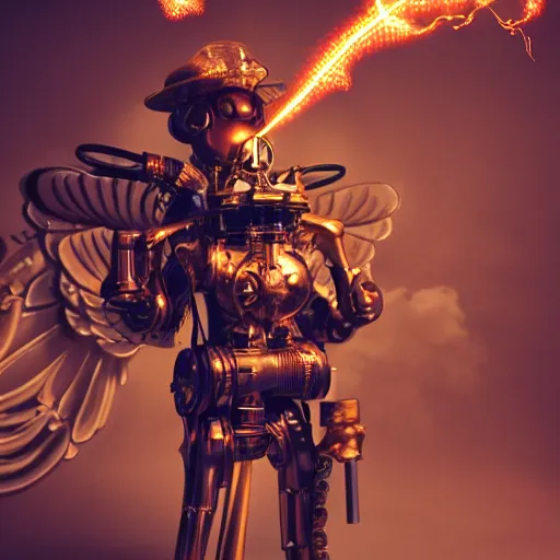 Image similar to a steampunk robotic angel with gun arms shooting, intense, extremely detailed, anime, sparks, clouds, sky, beautiful, sunny, copper, pipes, rusty, metal, cinematic lighting, sharp focus, copper wings,