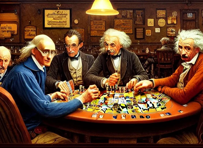 Image similar to isaac newton and stephen hawkins and albert einstein playing poker in an old west saloon, intricate, highly detailed, centered, digital painting, artstation, concept art, smooth, sharp focus, illustration, art by james gurney and norman rockwell and greg rutkowski