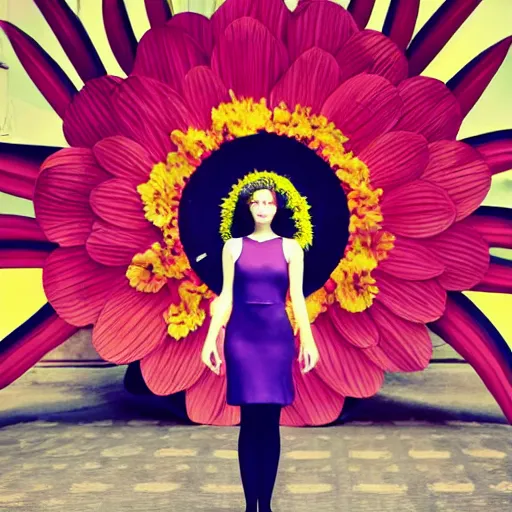 Image similar to giant flower head, frontal, girl standing in mid century hotel, surreal, symmetry, bright colors, cinematic, wes anderson