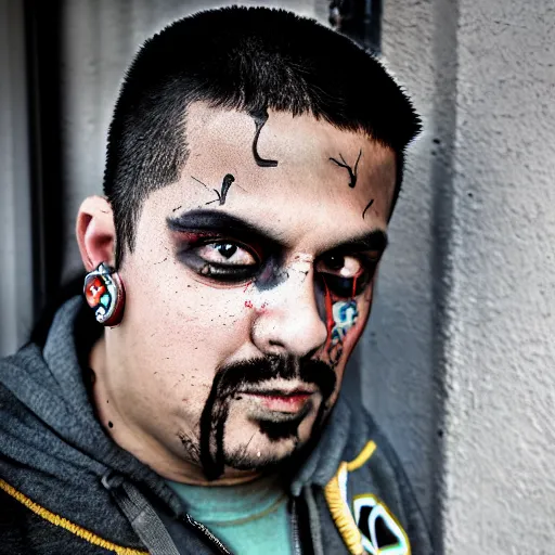 Image similar to a cholo cyberpunk homie photographic portrait